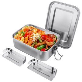 ASelected Stainless Steel Lunch Box, 850ml Metal Lunch Box for Adults with 2pcs Removable Divider, 16.5x12.1x6cm Leakproof Metal Bento Box with Snap-on Buckles for Salad Sandwich
