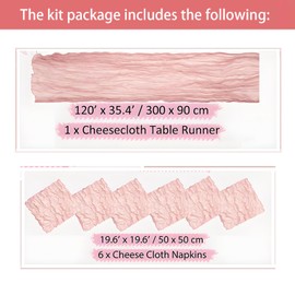 7pcs Cheesecloth Table Runner Set, 10ft Rustic Gauze Cheese Cloth Table Runner & 6 Boho Cotton Gauze(21"x21") for Spring Easter Boho Wedding Bridal Shower Sheer Centerpiece Decor(Pink)