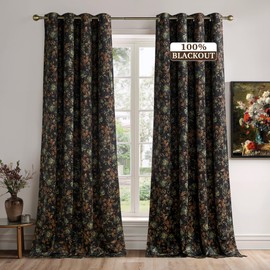 StangH 100% Blackout Floral Curtains 84 Inches, Black Printed Flower Patterned Velvet Drapes Boho Thermal Insulated Two-Layer Vintage Curtains for Living Room Sliding Door, W52 x L84, 2 Panels