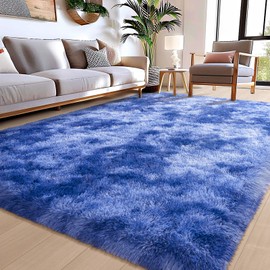 8x10 Blue Shag Area Rugs for Living Room, Fluffy Thick Rugs for Bedroom Boys Girls Kids Teen Playroom, Large Plush Tie-dye Royal Blue Rugs for Nursery Dorm, Non-Slip Fuzzy Shaggy Indoor Floor Carpet