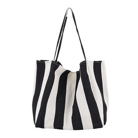 XIAYUPAGU Striped Canvas Tote Handbag for Women Vertical Stripe Large Capacity Shoulder Bag for Shopping Travel, Wide Black, Large