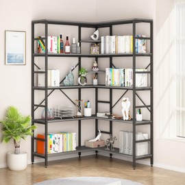 JoanKaren Corner Bookshelf, 5-Tier Industrial Corner Shelf, L Shaped Bookshelf Corner Etagere Bookcase with Metal Frame, Etagere Bookcase Corner Display Rack for Living Room Bedroom