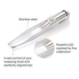 Sensica Tweezers with Led Light - Professional Precision Stainless-Steel Slant Tip Tweezers for Daily Grooming of Eyebrows, Nose Hairs, Upper Lip and More - Perfectly Aligned for Easy Accurate Use