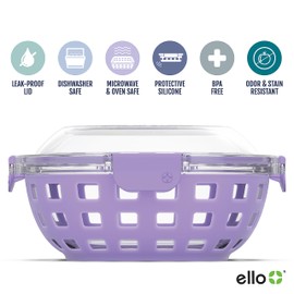 Ello DuraGlass Food Storage Glass Lunch Bowl Container - Meal Prep Container with Silicone Sleeve and Airtight Lid, 5 Cup, Lilac