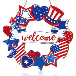 Patriotic Welcome Door Wreath Sign, 4th of July Decorations, Red White Blue Stars and Hearts Wooden Signs, American Flag USA Independence Day Wall Hanging Sign for Memorial Day Home Front Door Decor