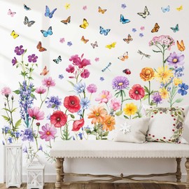 Flower Wall Decals Colorful Floral Wall Decals Flower Decals for Walls Butterfly Vinyl Wall Decals Peel and Stick Removable Flower Wall Stickers Art Decor for Kids Girls Bedroom Nursery Playroom