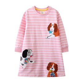 GOTHLETIC Toddler Girls Long Sleeve Dress Casual Dog Cartoon Appliques Striped Jersey Dresses Littler Girl Fall Winter Dresses (1728-5T)