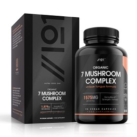 Organic Mushroom Complex 1575mg | Reishi, Cordyceps, Lion's Mane, White Fungus, Maitake, Shitake & Chaga | Non-GMO, Halal. 90 Vegan Capsules