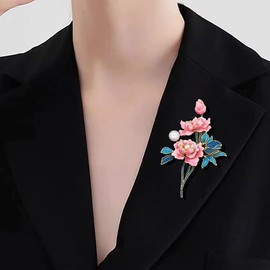 Dainty Flower Brooch Pins for Women Graceful Peony Pearl Enamel Badge Lapel Pin Brightly Colored Corsage Pin Chic Banquet Party Jewelry Dress Accessories Gift (Pink)