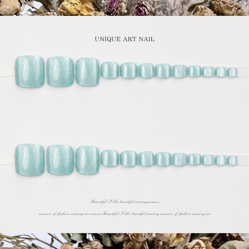 NICENEEDED 24PCS Light Blue Fake Toe Nails, Glitter Short Square