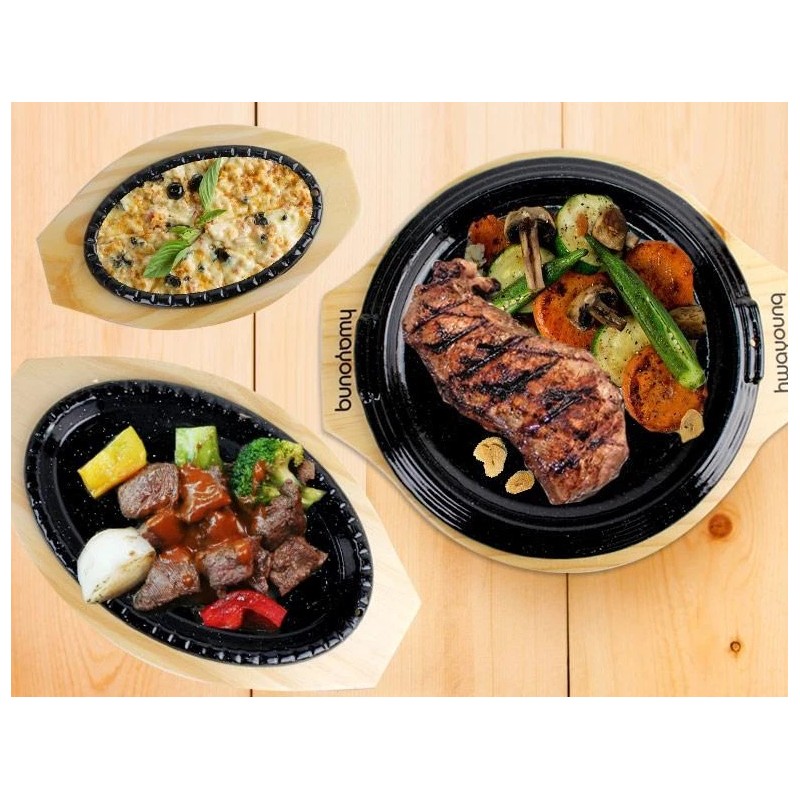 hwayoung Oval Iron Steak Plate Pan 9.25" with wood base