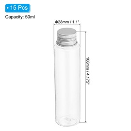 PATIKIL 50ml Plastic Test Tubes with Screw Caps 15pcs 106x28mm Flat Bottom Test Tubes for Scientific Party Decoration Candy Beads Bath Salts Storage Silver Tone