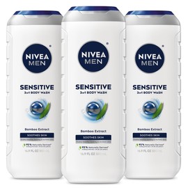 NIVEA MEN Sensitive Body Wash with Bamboo Extract, Moisturizing Body Wash for Sensitive Skin, Soap Free Shower Gel for Men with No Drying Alcohol, 16.9 Fl Oz Bottle, Pack of 3