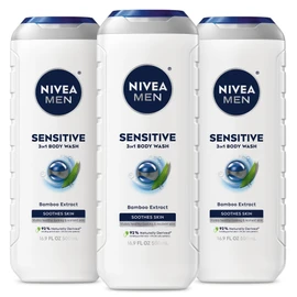 NIVEA MEN Sensitive Body Wash with Bamboo Extract, Moisturizing Body Wash for Sensitive Skin, Soap Free Shower Gel for Men with No Drying Alcohol, 16.9 Fl Oz Bottle, Pack of 3