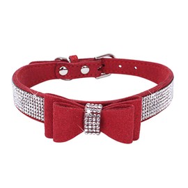 Dogs Kingdom 10"-24" Length Cute Pet Dog Velvet Bow Tie Collar Puppy Cat Full Crystal Rhinestone Necklace Adjustable,Red,XS