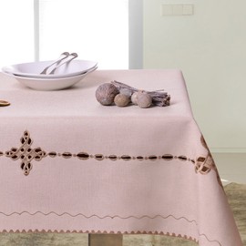 DecoKing 40 x 90 cm Beige Tablecloth Geometric Pattern Embroidered Elegant Practical Easy Care Linen Look Linen Look with Border Modern STP35