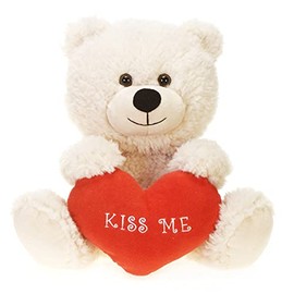 The Trendy Turtle White Teddy Bear Holding Kiss Me Heart Plush Stuffed Animal Toy - 11 Inches