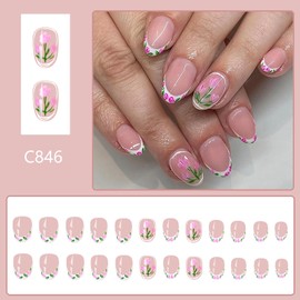 Flower Press on Nails French Tip Fake Nails Short Almond Glue on Nails Cute Floral Acrylic Nails Nude Pink False Nails with Design Spring and Summer Nails Press on Full Cover Stick on Nails for Women