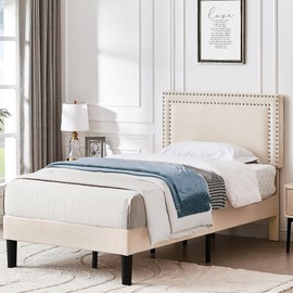 VECELO Twin Size Platform Bed Frame with Adjustable Upholstered Headboard, Nailhead Decor, Strong Wood Slat Support, No Box Spring Needed, Easy Assembly