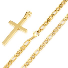 OUMI Cross Necklace for Men Women - Stainless Steel Pendant with 3:1 Figaro Chain -Gold 4/5/6 mm Width(Gold)…