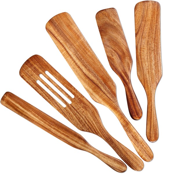 Tmkit 5 Pcs Wooden Spurtle Set, Natural Teak Kitchen Utensil