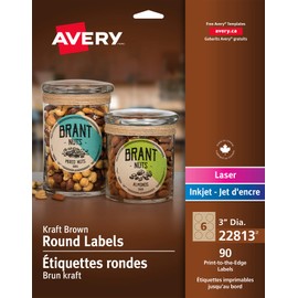 AVERY Kraft Brown Round Labels, 3" Round Labels, for Laser/Inkjet Printers, Kraft Paper, Permanent, 90 Labels (22813) Made in Canada