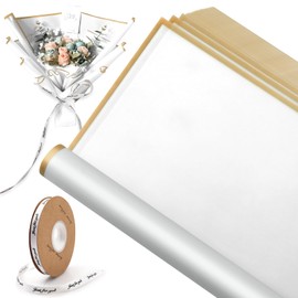 XHKDSYMC 20 Sheets White Flower Wrapping Paper, 22.24 x 22.24 inch Floral Bouquet Wrapping Paper Gold Edge Waterproof Flower Paper Wrap with 1 Roll Ribbon 40 Yards