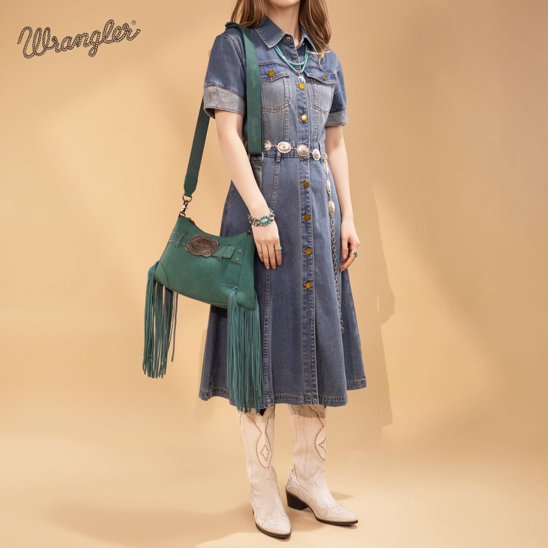 Montana West X Wrangler Women Fringe Buckle Hobo Bag Western