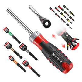 Geinxurn Ratcheting Screwdriver Set, Rachet wrench, Rachet bit Handle and Nut Driver with 12 Pcs Mixed Impact S2 Screwdriver Bits(Phillips, Slotted, Torx, Square)