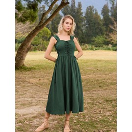 Women Cottagecore Sleeveless Dress Lace Up Renaissance Corset Sundress Forest Green L