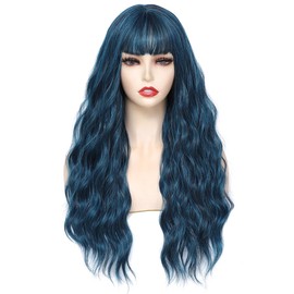 PARXITN Long Wigs for Women with Fringes 60 cm Adjustable Curly Wavy Dark Blue Wigs Synthetic Hair Wig Cosplay Daily Use