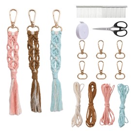 WANDIC Boho Macrame Keychain Kit, 3 Colors DIY Rhombic Knot Weaving Keychain Bag Charms Knitting Kit for Car Key Purse Phone Wallet