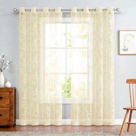 TOPICK Lace Curtains, Transparent Lace Curtains, Scarf, Rose Curtain with Eyelets, Transparent Curtain for Living Room, Dining Room, Bedroom, Beige, 140 x 245 cm, Set of 2