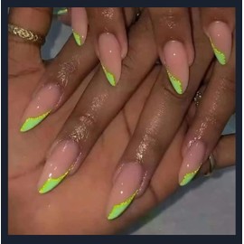 Almond Medium Press on Acrylic False Nails, Pink, Black and Yellow French fake Nails Tips for Women and Girls, Reusable Nails With Glue Nails Kit (green and glossy)