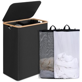 efluky Double Laundry Hamper with Lid, Divided Laundry Hamper with Removable Bags, 2 Section Dirty Clothes Basket with Handles for Bathroom, Bedroom & Laundry Room, 160L Black