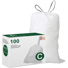 DisplayForever Code C Drawstring Trash Bags Compatible with simplehuman Code C | 2.6-3.2 Gallon 10-12 Liter | 100 Count | 1.2 Mil | Heavy Duty White Custom Fit Garbage Liners