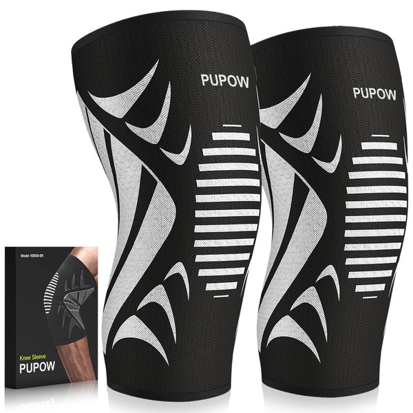 PUPOW Knee Brace, Pack of 2 Knee Brace Men and Women, Bandage Knee for Meniscus Tear, Arthritis, Joint Pain Relief, ACL, Running, Weightlifting, Volleyball, Football (XL 48-55 cm)