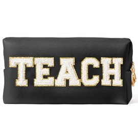 CY2SIDE TEACH Letter Makeup Bag - White TEACH Chenille Letter Patch Cosmetic Bag Black PU Leather Patch Travel Pouch Waterproof Portable Zipper Travel Organizer Case for Teacher Appreciation Gifts