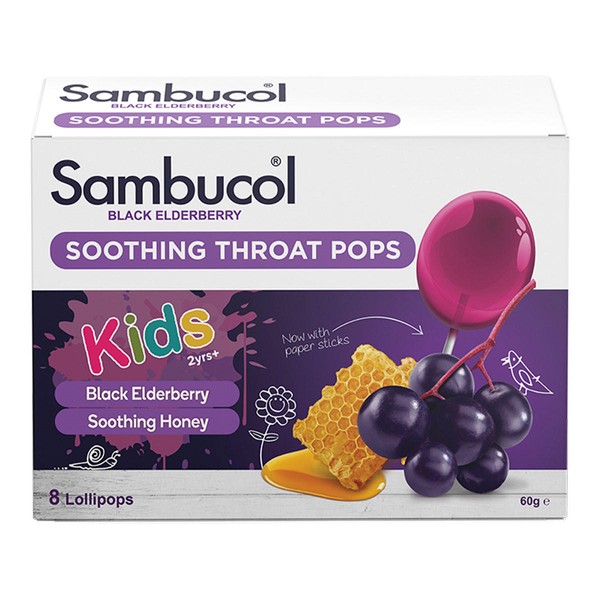 Sambucol Black Elderberry Soothing Throat Pops Kids 2 Years+ - 8 x lollipops
