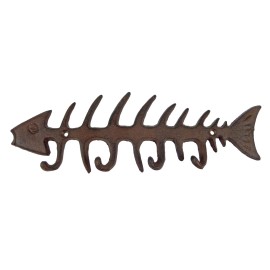 Unbranded Large Cast Iron Fish Bone Skeleton Wall Hook Rack Key Coat Towel Hanger Brown