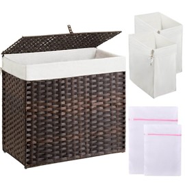 Greenstell Laundry Hamper with Lid, 125L Laundry Basket with 2 Removable Liner Bags & 2 Mesh Bags, Handwoven Synthetic Rattan Clothes Hamper for Clothes, Toys in Bathroom, Bedroom, Foldable, Brown