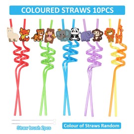 Children's Straws, Pack of 10 Reusable Jungle Animals with Straw Brush, Drinking Straws, Children's Birthday, Colourful Plastic Straws as Party Accessories for Birthday, Children, Hawaiian Party