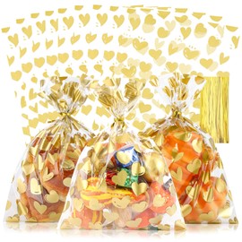 COQOFA 50 Pcs 9X12 IN Gold Heart Cello Cellophane Treat Bags Gift Bags Party Favor Bags Clear Candy Cookie Bags Plastic Poly Goodie Bags with Twist Ties for Baby Shower, Valentine, Wedding Birthday