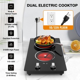Nafewin 2 Burner Electric Cooktop, 2100W Electric Stove Top Hot Plate, 12 inch Countertop Burner & Built-In Stove Top, 9 Levels of Power, Knob Control, Timer & Kid Safety Lock, Residual Heat Warning