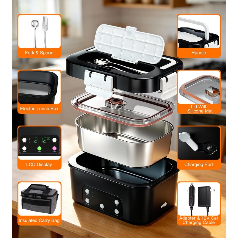 Gorgeous Cordless Electric Lunch Box, 6.7 Cups Smart Timer Auto
