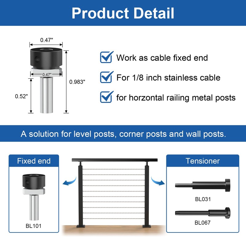 BLIKA 20 Pack 1/8" Black Cable Railing Anchor Terminal, T316
