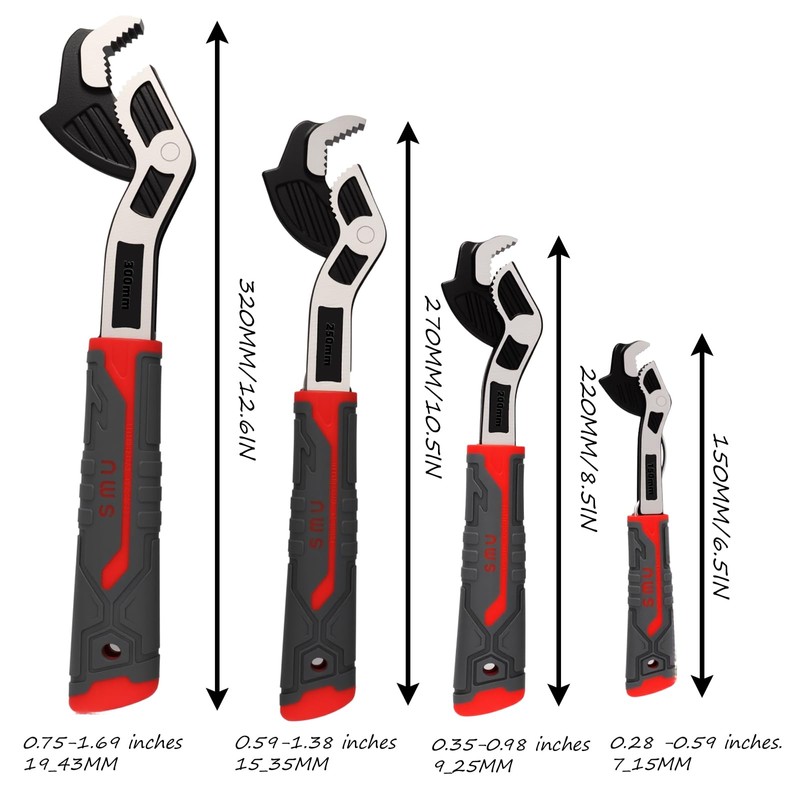 DSBYKJ-12 lnches Universal Adjustable Wrench Set, 4-Size Quick-Release Multi-Tool, 15-25mm