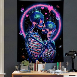 Lifeella The Kissing Lover Skeleton Blacklight Tapestry, Gothic Skull Tapestries Purple Trippy Wall Hanging for Bedroom Home 44×60 inch