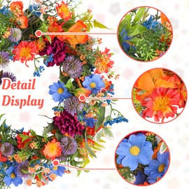 20" Colorful Garden Cosmos Spring Summer Wreath with Green Leaves, Wildflower Artificial Wreath for Front Door Home Wall Wedding Farmhouse Holiday Outdoor Indoor Décor (Orange)