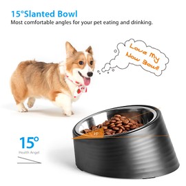 Uppetly Tilted Angle Dog Bowl, 15° Slanted Stainless Steel Dog Cat Food Bowl, Non-Slip & Non-Spill Pet Feeder with Elevated Detachable Melamine Stand, Easy to Get Food Dog Dish, Medium 1.5 Cup Black